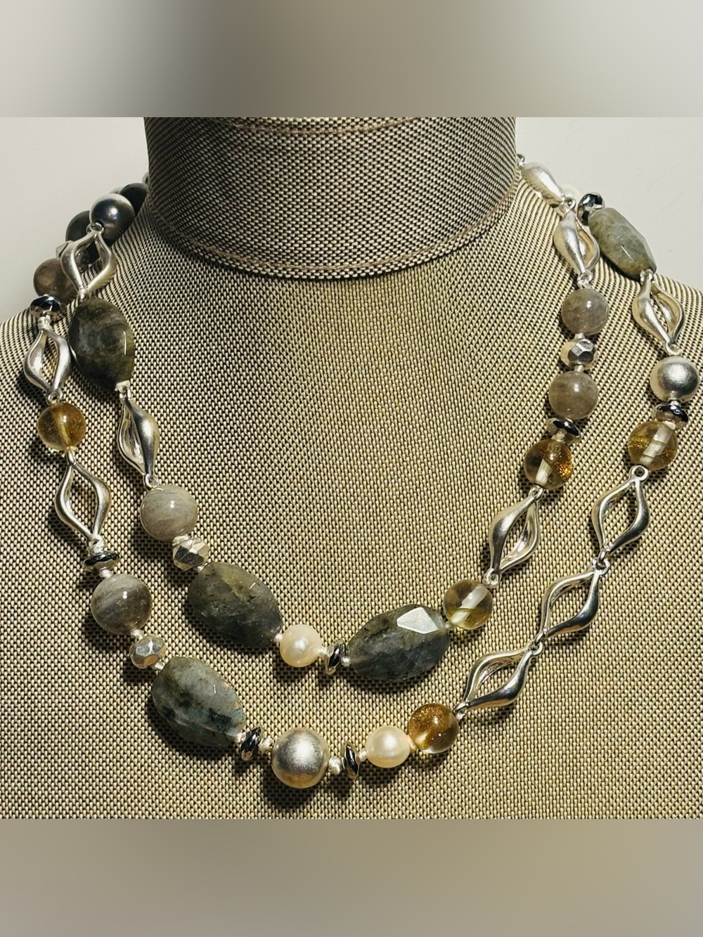 Stella & Dot Labradorite Freshwater Pearl Long Layering Knotted Strand Necklace